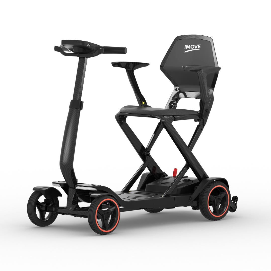 IMOVE AirCarbon Folding Carbon Fiber Scooter in black, featuring a seat and orange wheel accents.